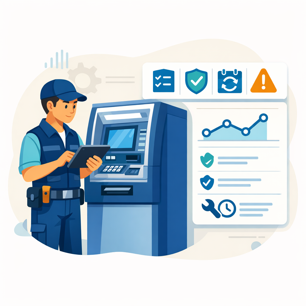 Cartoon illustration of an ATM inspection technician completing a digital checklist
