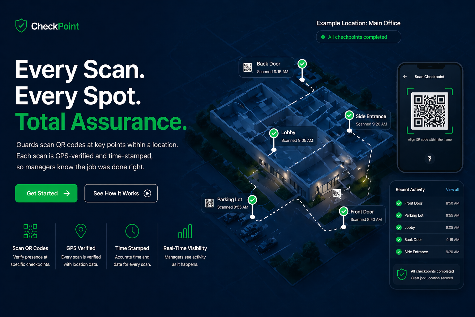 Checkpoint guard tour hero showing a building with QR code and NFC checkpoint verification