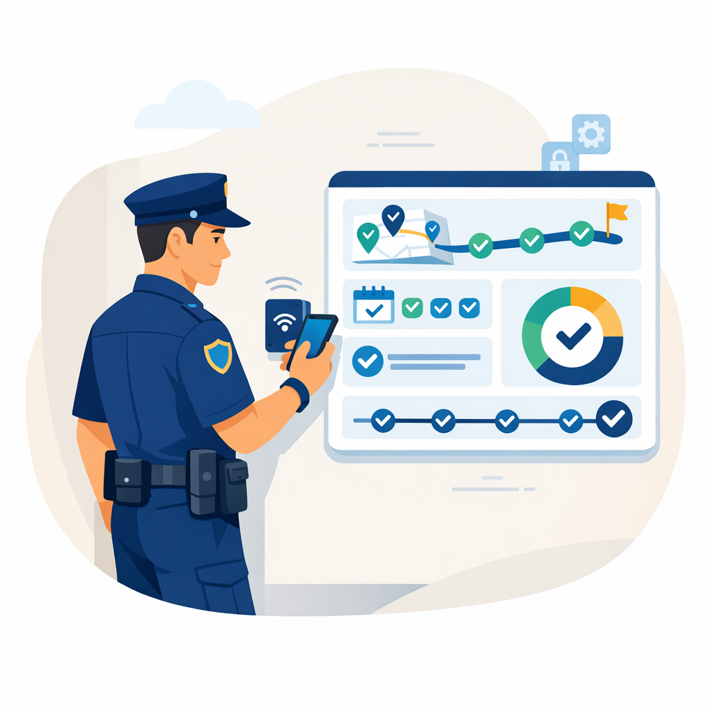 Cartoon illustration of a security guard verifying a checkpoint with a mobile device and dashboard