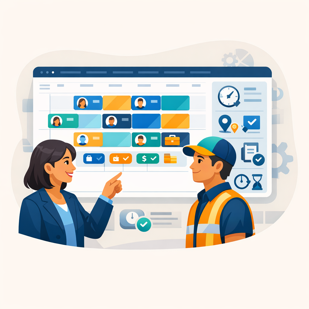 Cartoon illustration of workforce scheduling and payroll tracking with managers and field staff